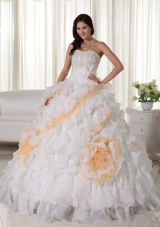 Sweetheart Court Train Organza Appliques and Ruffles White Sweet Sixteen Dresses