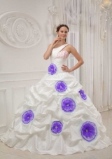 White One Shoulder Beading and Hand Made Flowers Sweet Sixteen Dresses