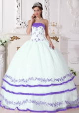Classic White Sweet 16 Dresses with Beading and Purple Embroidery