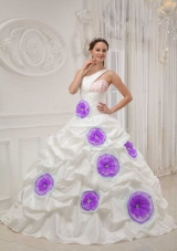 One Shoulder Beaded White Sweet 16 Dresses with Purple Hand Made Flowers