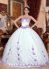 Puffy Strapless Organza White Quinceanera Dress with Purple Embroidery