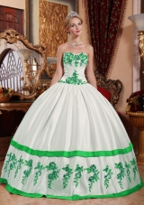 Sweetheart Green Appliques for White Puffy Quinceaneras Dress