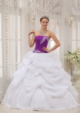 White and Eggplant Purple Strapless Appliques Dresses For a Quinceanera