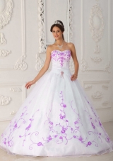 White Princess Strapless Quinceanera Dress with Purple Embroidery
