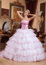 White Strapless Detachable Train Organza Appliques and Layers Dresses For a Quinceanera