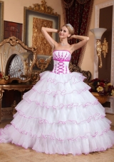 White Strapless Detachable Train Quinceaneras Dress with Pink Appliques and Layers