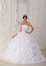 White Strapless Sweep Train Organza Sweet 15 Dresses with Blue Hand Made Flower