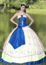 Flower Decorate Strapless White and Blue Quinceneara Dresses