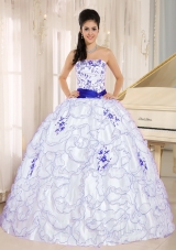 White Strapless Quincenera Dresses with Purple Embroidery and Organza Ruffles