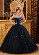 2014 Popular Puffy Strapless Appliques Black Quinceanera Dress with Beading