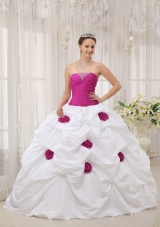 Beaded Strapless White Sweet 15 Dresses with Fuchsia Hand Made Flower