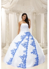 Beautiful White Quinceanera Dresses Gowns with Blue Embroidery