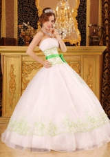 Princess Organza Green Embrpidery for White Quinceanera Gowns