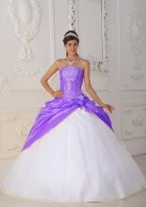 Purple Appliques and Hand Made Flower White Dresses For 15