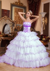 Strapless Detachable Train Organza Appliques White Quinceanera Dress with Layers