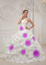 White One Shoulder Beading and Hand Made Flowers Dresses For a Quinceanera