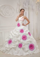 White One Shoulder Beading and Pink Hand Made Flowers Dresses For a Quince