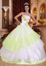 White Organza Yellow Green Embroidery Sweet Sixteen Quinceanera Dresses