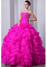 2014 Hot Pink Princess Sweetheart Quinceanea Gown with Beading