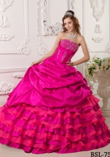 Puffy Strapless Beading 2014 Quinceanera Dresses in Hot Pink