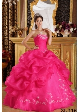 Coral Red Ball Gown Strapless Quinceanera Dress  with  Embroidery Organza