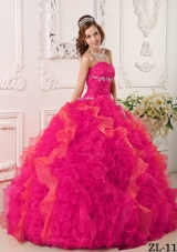 Coral Red Ball Gown Sweetheart Quinceanera Dress with  Organza Appliques Beading