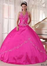 Hot Pink Ball Gown Halter Quinceanera Dress with  Taffeta Appliques