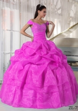 Hot Pink Ball Gown Off The Shoulder Quinceanera Dress with Taffeta Organza Beading