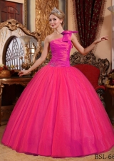 Hot Pink Ball Gown One Shoulder Quinceanera Dress with Tulle Beading