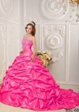 Hot Pink Ball Gown Strapless Court Train Quinceanera Dress with Taffeta Appliques Beading