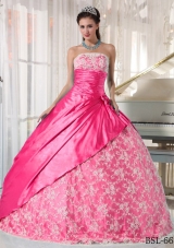 Hot Pink Ball Gown Strapless Quinceanera Dress with  Taffeta Lace