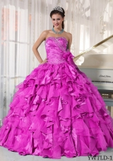 Hot Pink Ball Gown Sweetheart Quinceanera Dress with Organza Beading