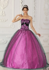 Black and Fuchsia Ball Gown Strapless Quinceanera Dress with Appliques