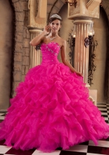 Coral Red Ball Gown Sweetheart Quinceanera Dress with Organza Ruffles