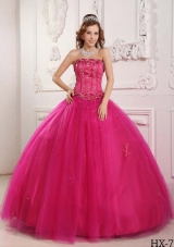 Elegant Ball Gown Strapless Quinceanera Dress with Tulle Beading Fuchsia