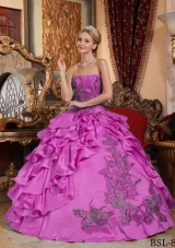 Fuchsia Ball Gown Strapless Quinceanera Dress with Taffeta Appliques
