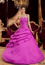 Fuchsia Ball Gown Strapless Quinceanera Dress with Taffeta Appliques