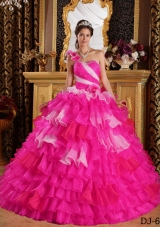 Hot Pink Ball Gown One Shoulder Quinceanera Dress with Organza Ruffles Beading