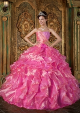 Hot Pink Ball Gown Strapless Quinceanera Dress with  Beading Ruffles