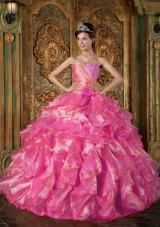 Hot Pink Ball Gown Strapless Quinceanera Dress with Beading Ruffles