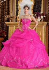 Hot Pink Ball Gown Strapless Quinceanera Dress with Organza Appliques