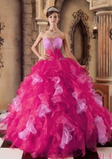 Hot Pink Ball Gown Strapless Quinceanera Dress with Organza Beading Ruffles
