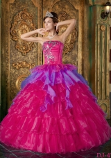 Hot Pink Ball Gown Strapless Quinceanera Dress with  Organza Ruffles
