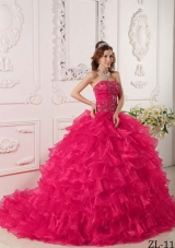 Hot Pink Ball Gown Strapless  Quinceanera Dress with Organza Ruffles Embroidery