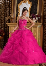 Hot Pink Ball Gown Strapless Quinceanera Dress with Pick-ups Tulle