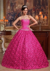 Hot Pink Ball Gown Strapless Quinceanera Dress with Roling Flowers Appliques