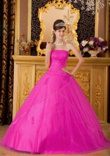 Hot Pink Princess Strapless Quinceanera Dress  with Tulle Appliques