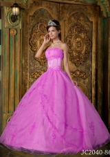 Rose Pink Ball Gown Strapless Quinceanera Dress with Appliques Organza