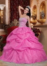 Rose Pink Ball Gown Sweetheart Quinceanera Dress with  Organza Beading