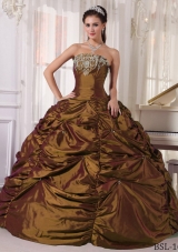 Perfect Brown Puffy Strapless for 2014 Embroidery Quinceanera Dresses with Pick-ups